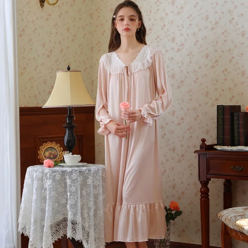 

Women Summer Lace V-neck Full Sleeves Nightgowns French Loose Thin Style Nightdress Princess Victoria Long Vintage Nightie New