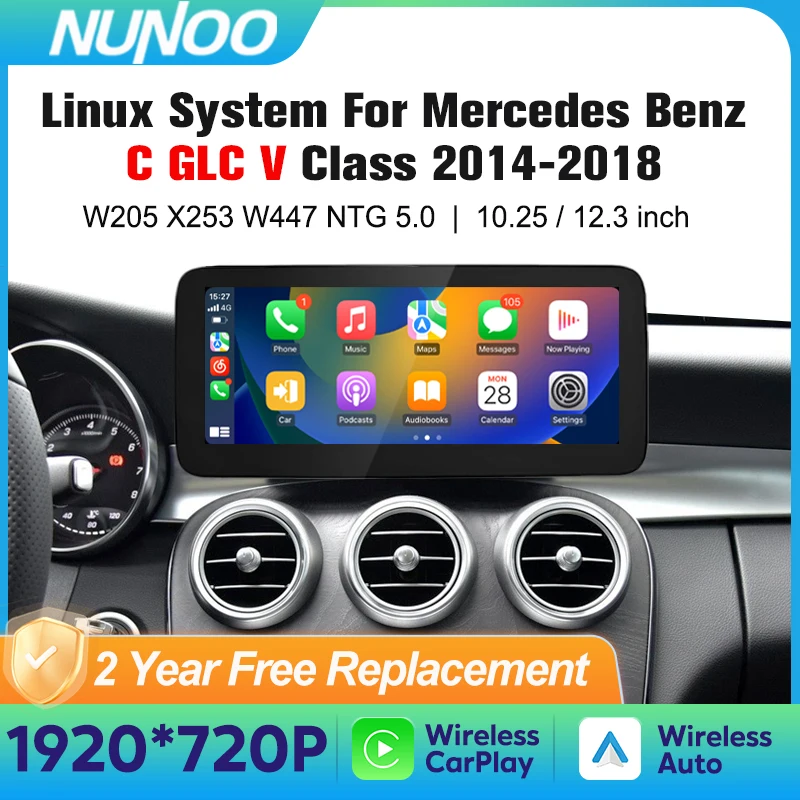شاشة Carplay اللاسلكية لمرسيدس C Class W205 GLC X253 C180 C200 300 350 2015-2018 مشغل وسائط متعددة للسيارة راديو أندرويد تلقائي
