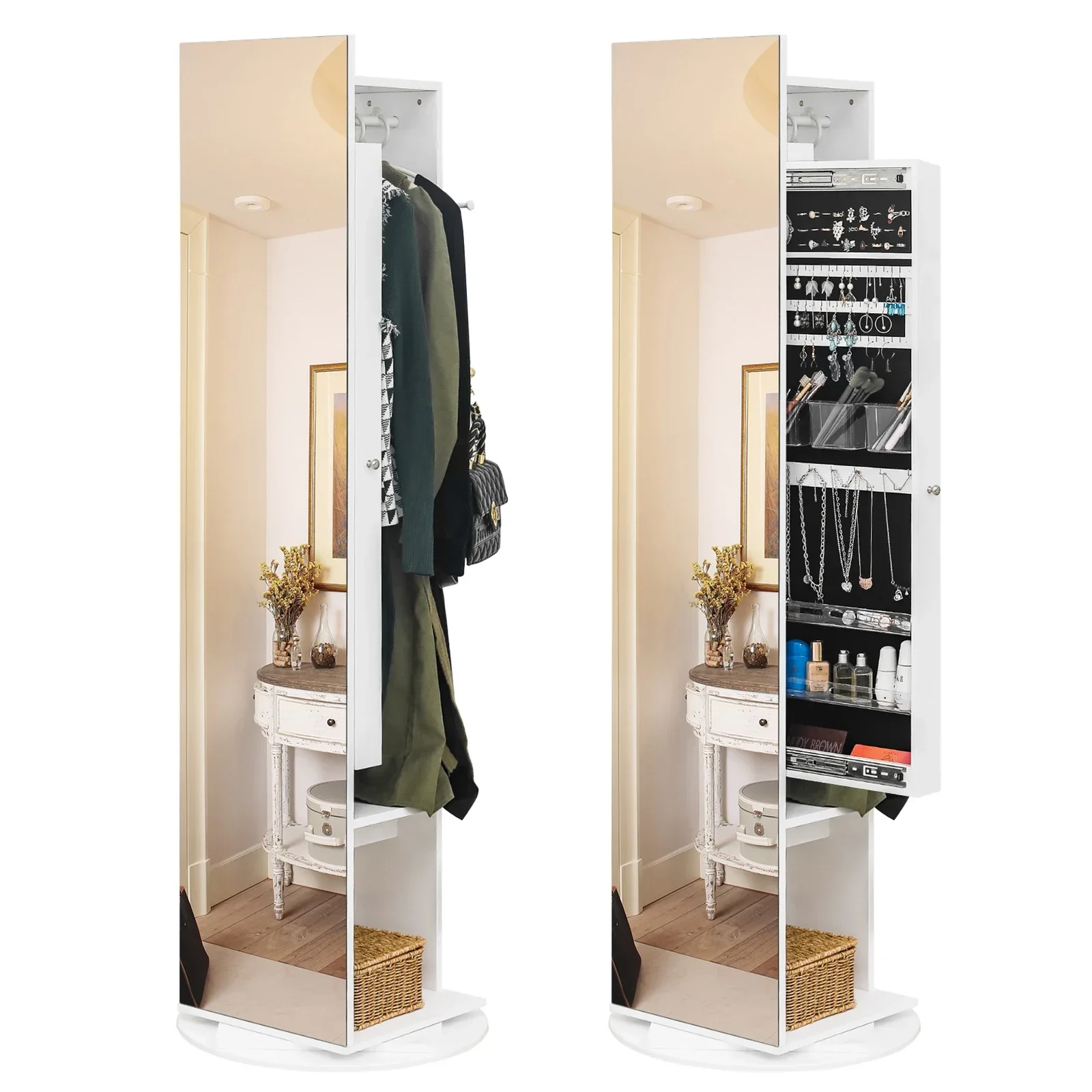 Jewelry Armoire with Full Length Mirror 360° and Large Capacity Jewelry Organizer Armoire, Mirror with Jewelry Storage