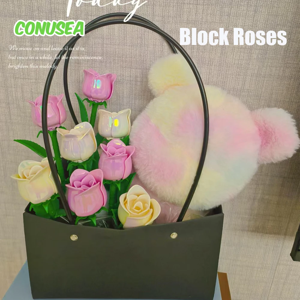 

6/12Pieces/set Building Blocks Flowers Block Roses Creative Romantic Red Blue Rose Flower Bouquet Birthday Gifts Girlfriend Girl