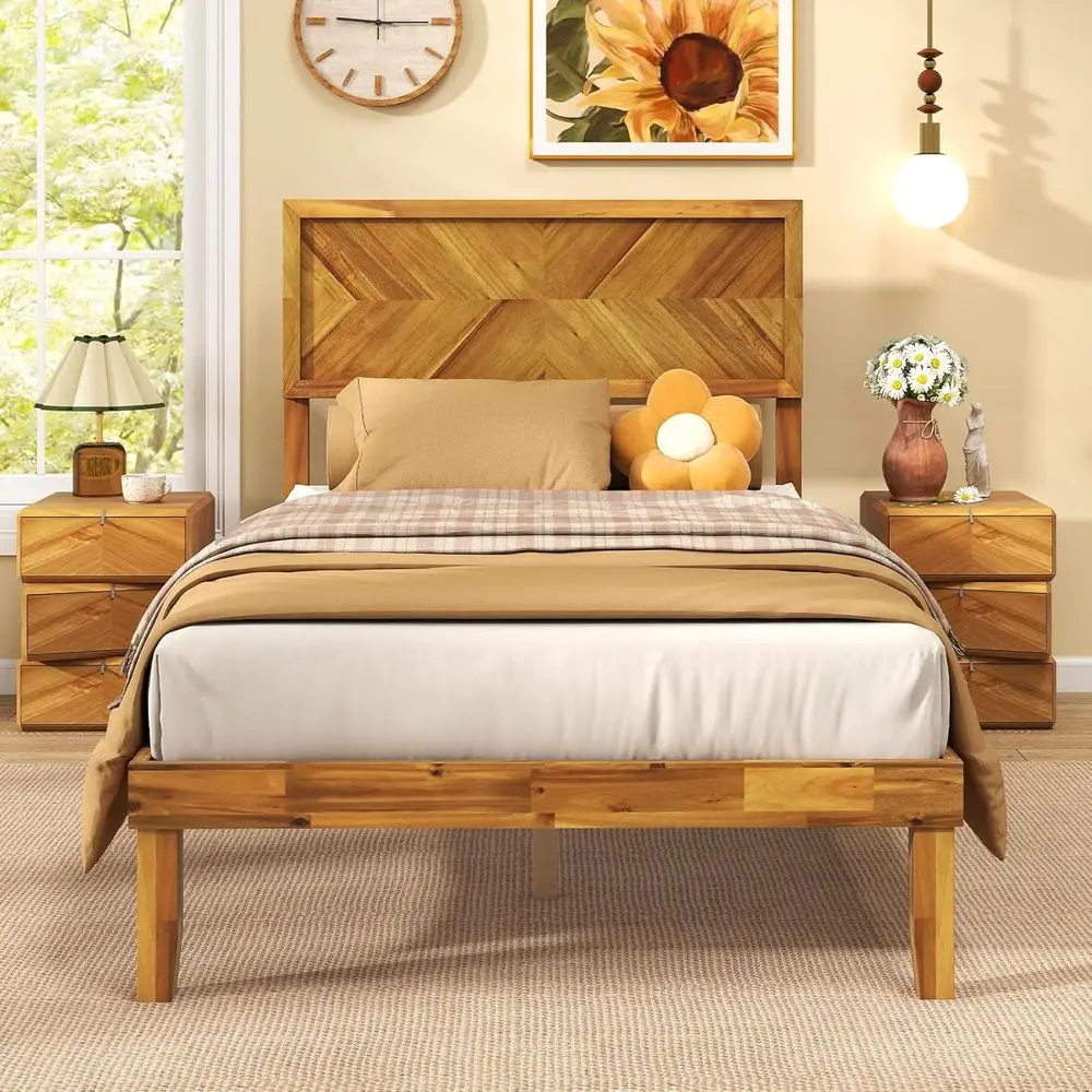 Acacia Wood Twin Platform Bed Frame with Headboard for Kids, 12 Slat Support, Space-Saving Design, No Box Spring Needed, Rustic