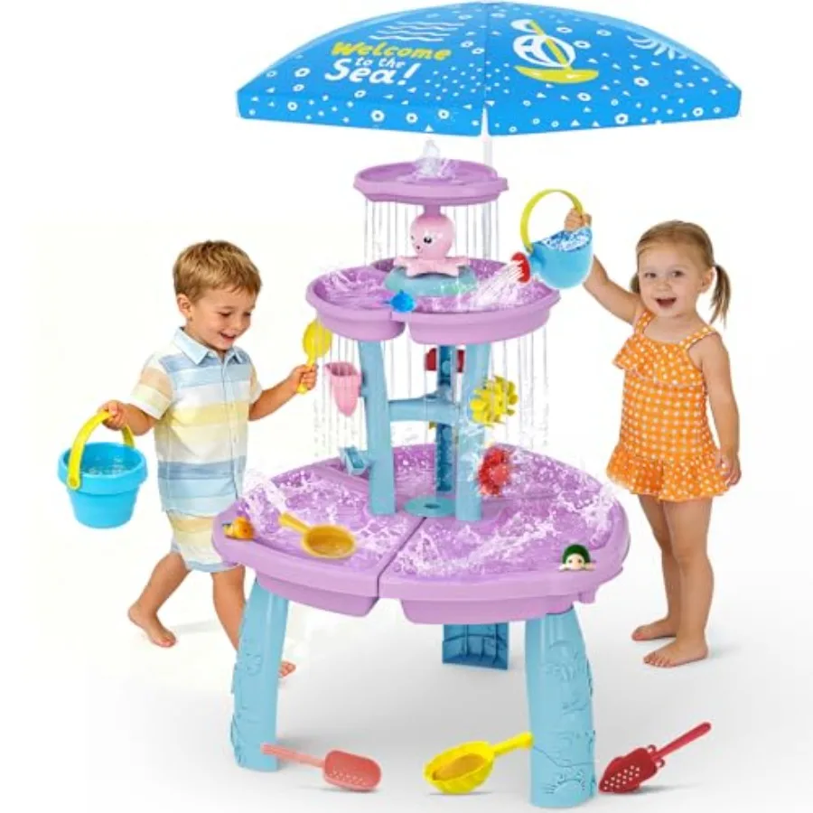 Water Table for Toddlers, 3-Tier Sand and Water Table with Rain Shower Splash Pond, Plastic, Blue Yellow, UV-Resistant Easy-Cle