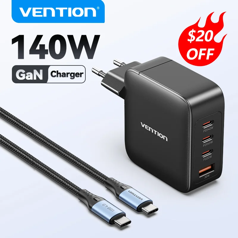 Vention 140W GaN Charger USB Type C PD3.1 Fast Wall Charger for MacBook Pro iPhone 14 Tablet Quick Charge 4.0 3.0 Phone Charger