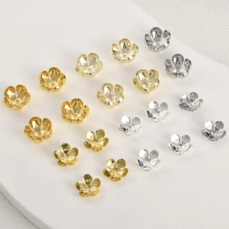 

Медная фурнитура с покрытием под 14-каратное золото, серебристого цвета, в форме пятилистного цветка, с отверстием среднего размера, для рукоделия, изготовления бижутерии, аксессуаров и бусин