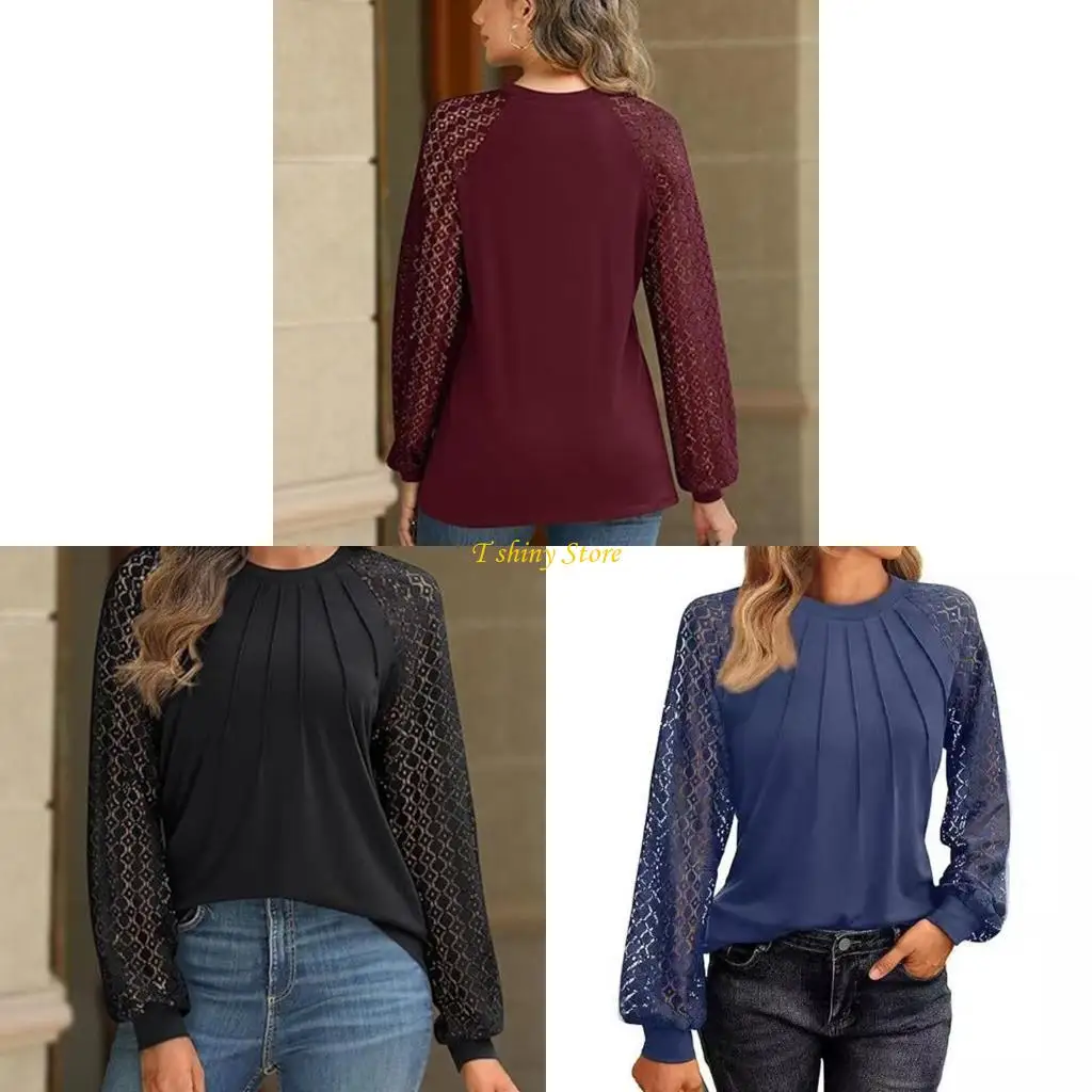 

N58F Sophisticated Women's Lace Tops Long Sleeve Spring Autumn Shirts For Comfortable and Breathable Polyester Blouse