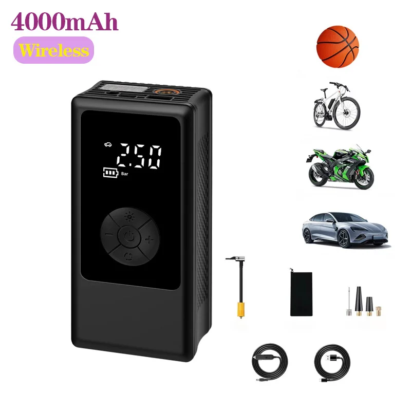 

4000mAh Wireless Car Air Compressor Electric Portable Smart Car Tire Air Pump for Car Motorcycle Bike Tire Ball LED lighting