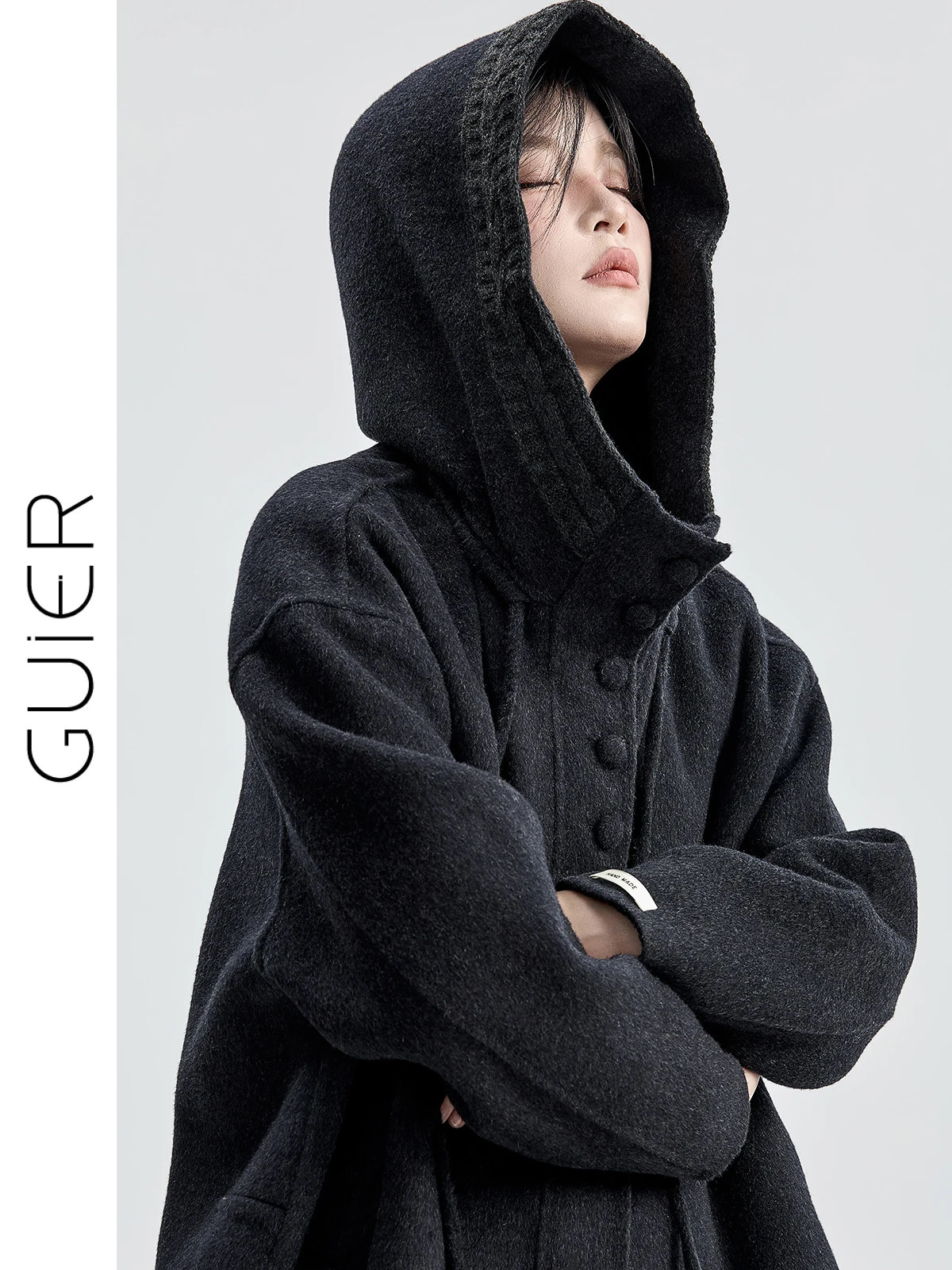 

Double-Sided Woolen Coat with Hood ort Loose Slimming Winter Women's Faion Outerwear by Guier Classic Pure Color Design