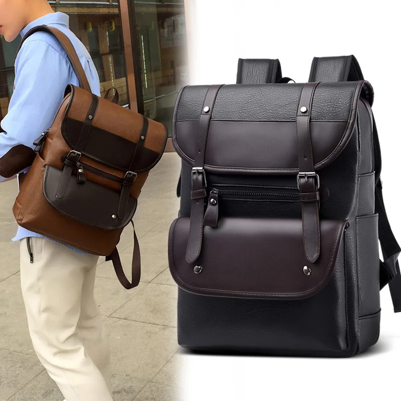 Men Backpack Leather Bagpack Large laptop Backpacks Male Mochilas Retro Schoolbag For Teenagers Boys Patchwork Color Brown Black