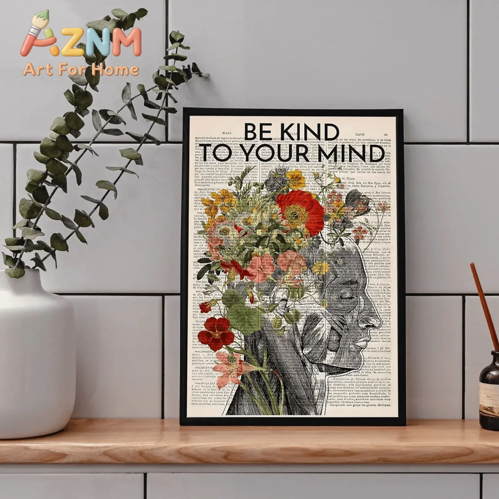 AZNM Be Kind To Your Mind Floral Brain Vintage Newspaper Canvas Wall Art Mental Health Frameless Print Poster for Office Home De