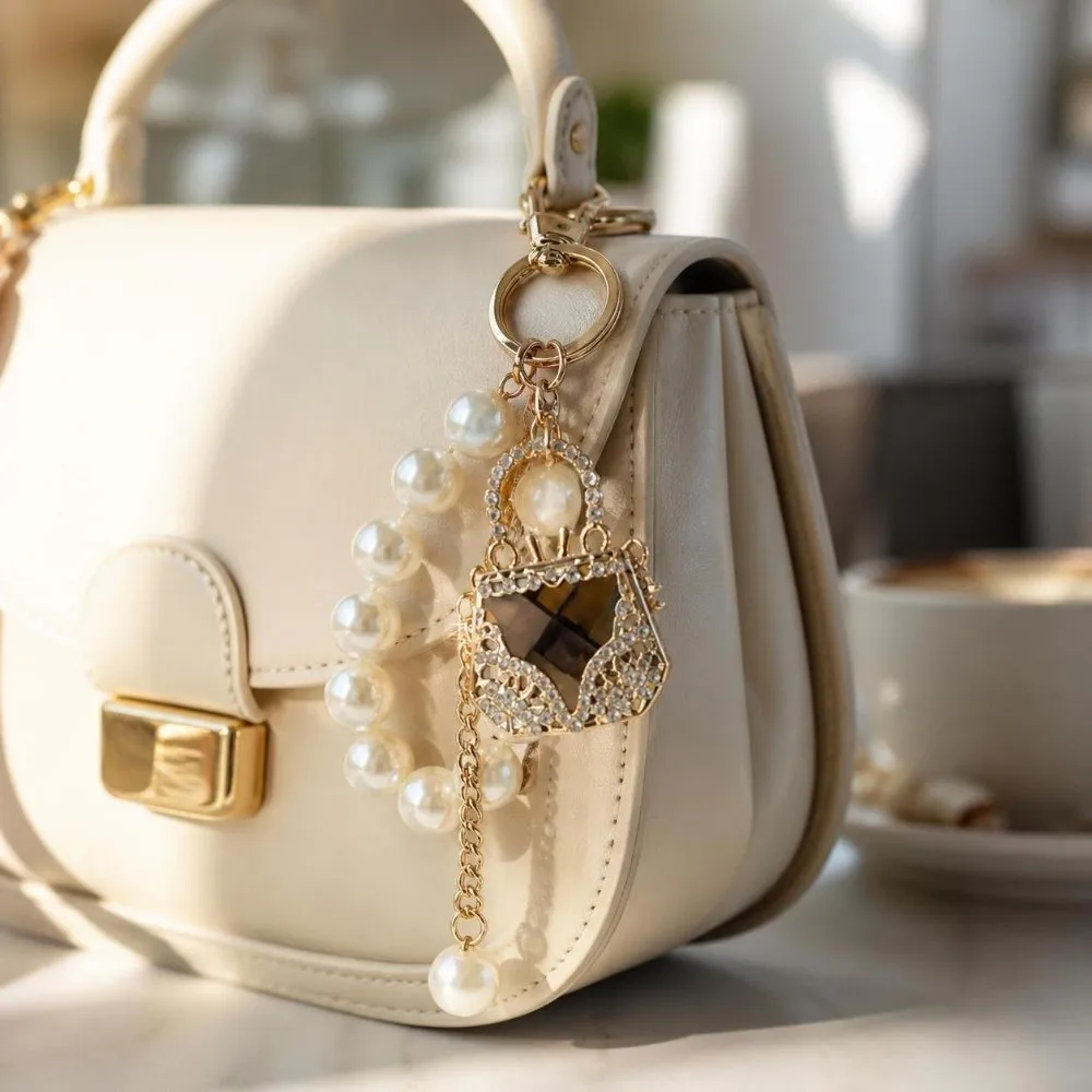 Zirkonbesetzter Perlen-Schlüsselanhänger, Dekorativer Hängeschmuck, Taschenanhänger, Exquisiter Eleganter Strass-Taschen-Schlüsselanhänger – Detail 7