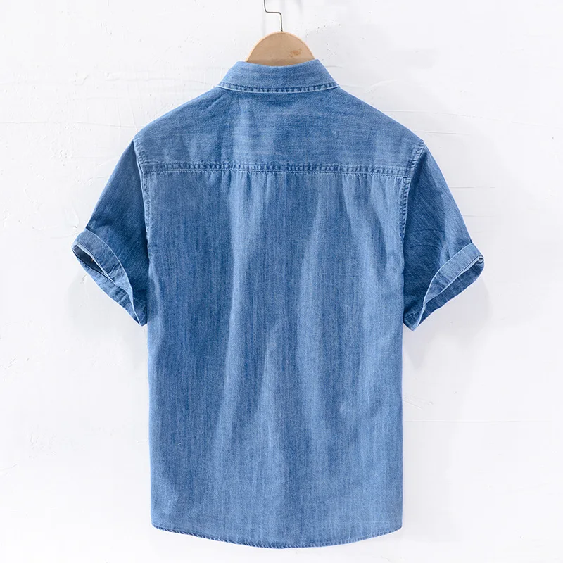 Men Denim Shirt , Thin Summer Half Sleeve Casual Top, Loose Trendy Handsome Short Sleeve ，Camping Denim Short Sleeve Jacket