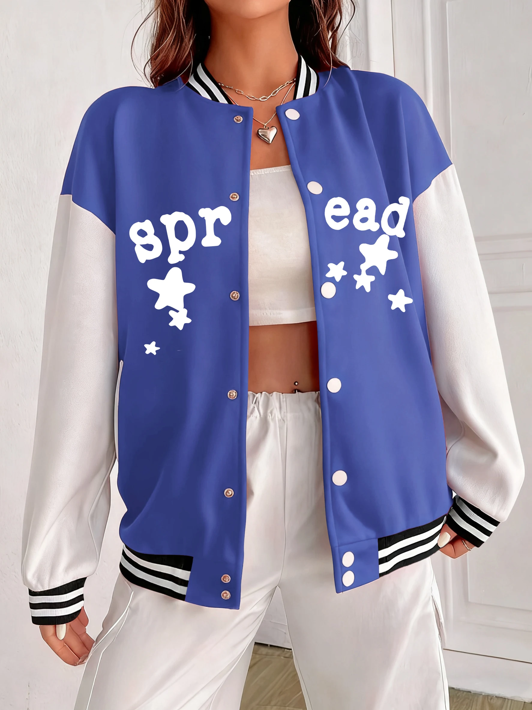 

Женские куртки с принтом Spread And Pentagram, повседневная бейсбольная форма, хлопковая спортивная одежда большого размера, американская осенняя женская одежда