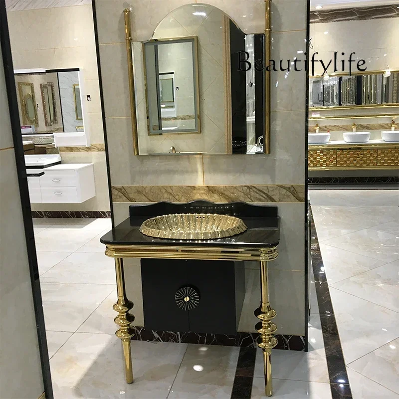 

N French light luxury stainless steel bathroom cabinet combination waterproof washbasin European marble floor