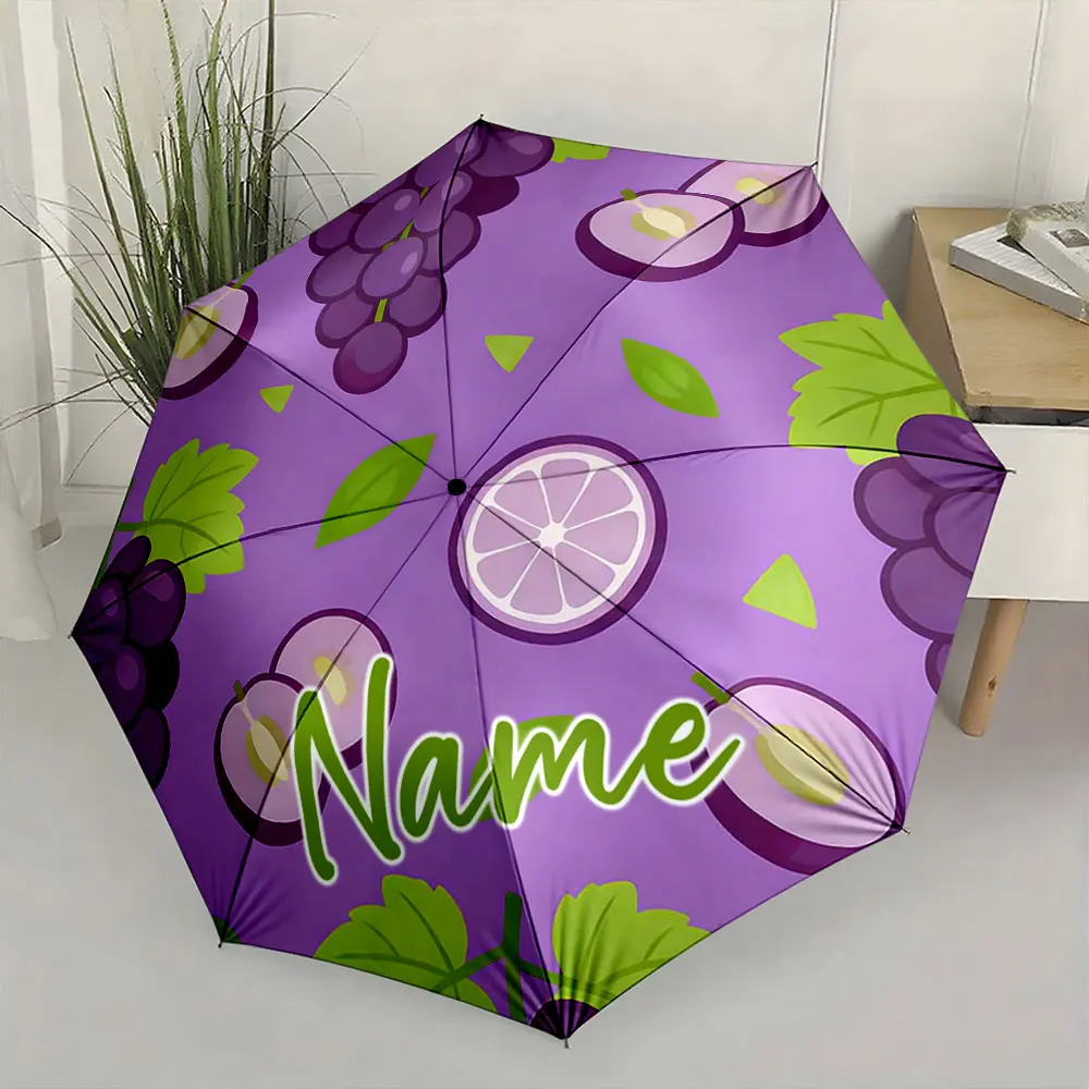 Custom Name Umbrella Purple Fruit Pattern Umbrella Design Print 8 Iron Ribs Folding Umbrella Auto-Open Fashion Sunshade