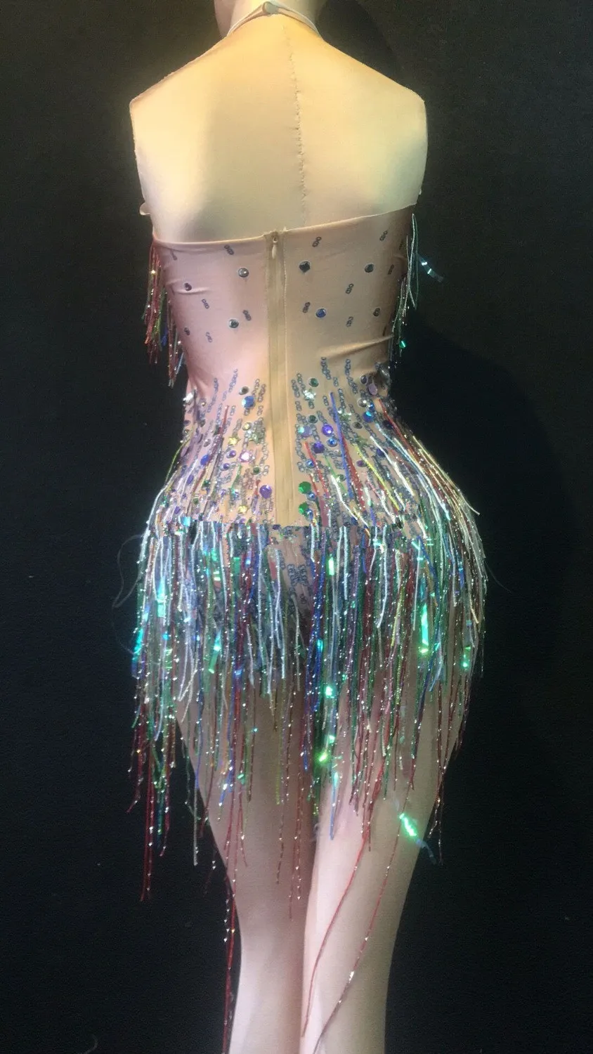 Body con flecos de colores para mujer, traje de baile de escenario con diamantes de imitación, leotardo brillante para espectáculo de cantante, club nocturno