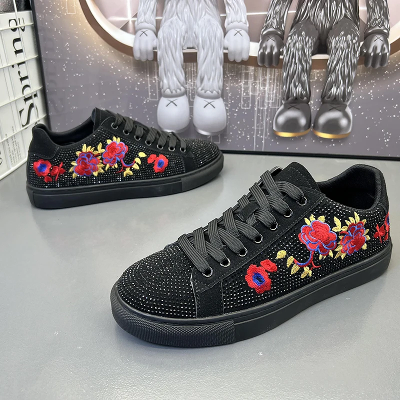 men's luxury fashion embroidery shoes lace-up rhinestone shoe cow suede leather flats sneakers punk hip hop dress trend footwear