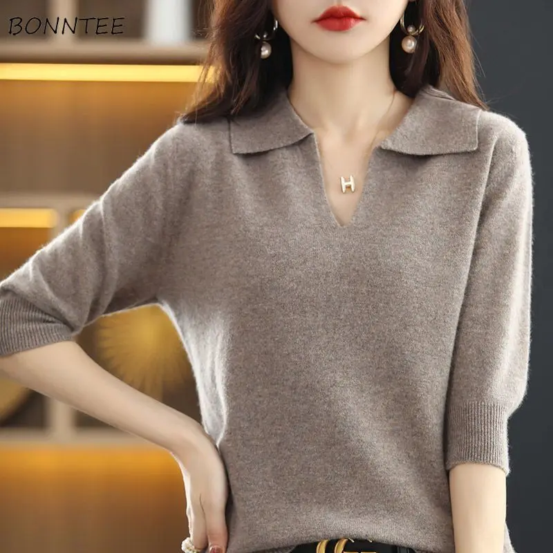 Half Sleeve Sweater Pullovers Women V-neck Harajuku 9-Colors Knitting Korean Fashion S-3XL Gentle Minimalist Temper Loose Cozy