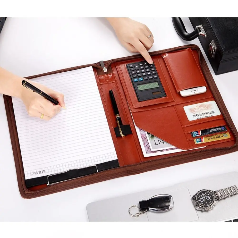 المحمولة بو الجلود A4 مجلد ملفات سستة حقيبة حامل بطاقة القلم إدراج حقيبة أعمال سستة إغلاق مذكرة الوسادة كليب المؤتمر #4