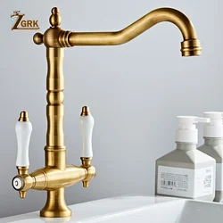 Brass Faucet Kitchen Cold and Hot Water Deck Mounted Basin Retro Faucet Dual Handle Single Hole Rotatable Water Tap Kitchen