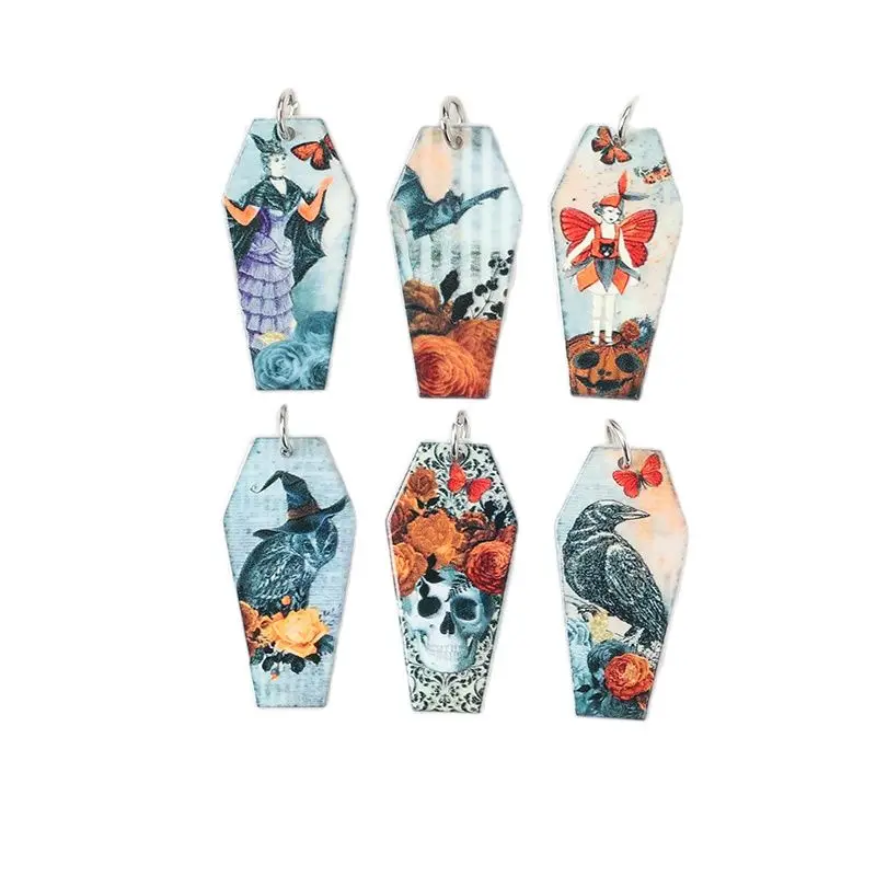 6Pcs Halloween Charms Creative Acrylic Bat Women Coffin Jewelry Findings Earring Pendant Necklace DIY Making Accessories