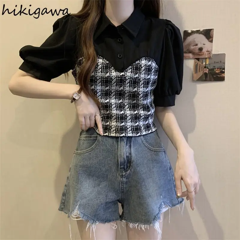 Chic Two Fake Two Shirts for Women Puff Sleeve Tunic Patchwork Plaid Blouses 2024 Blusas Mujer De Moda Vintage Summer Blouse