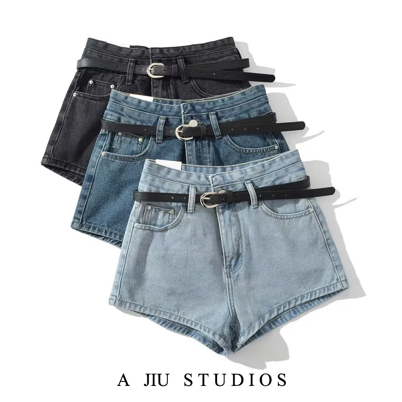 Cintura alta perna larga ort jeans para mulheres verão calças quentes retro rua sle emagrecimento a linha com cinto denim orts