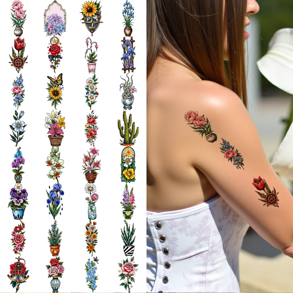 

63pcs Temporary Tattoo Potted Plant Designs Temporary Tattoo Stickers Flower Tattoos Waterproof Long-lasting Body Stickers For
