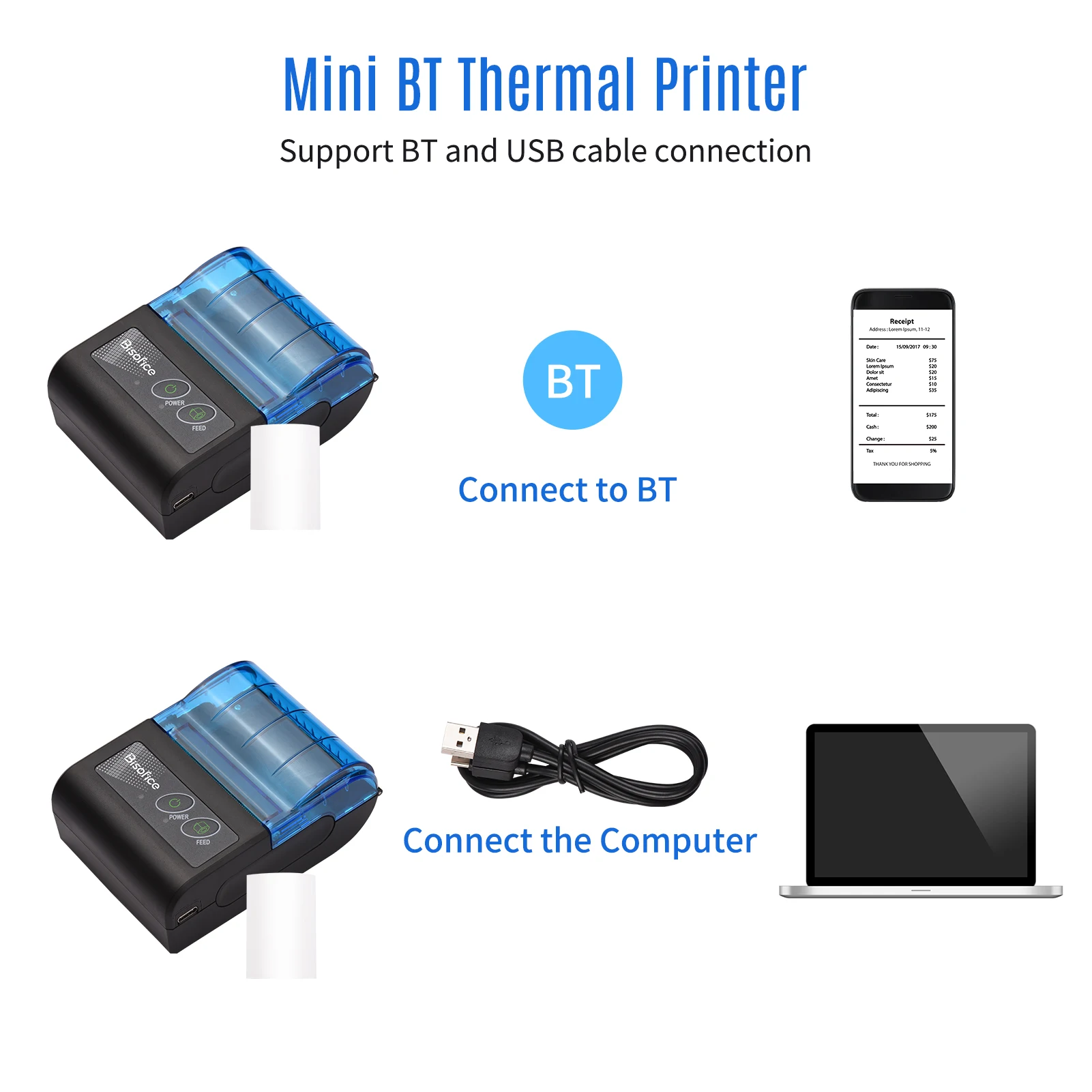 Bisofice Portable Mini Thermal Printer  2 inch Wireless USB Receipt Bill Ticket Printer with  58mm Print Paper For iOS Android