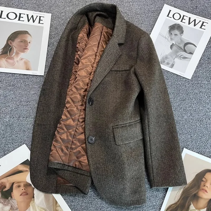 2026 Dark Brown Woolen Blazer Women's Single-breasted Suit Jacket Autumn Winter Thick Vintage Casual Coat Lady Office Outerwear