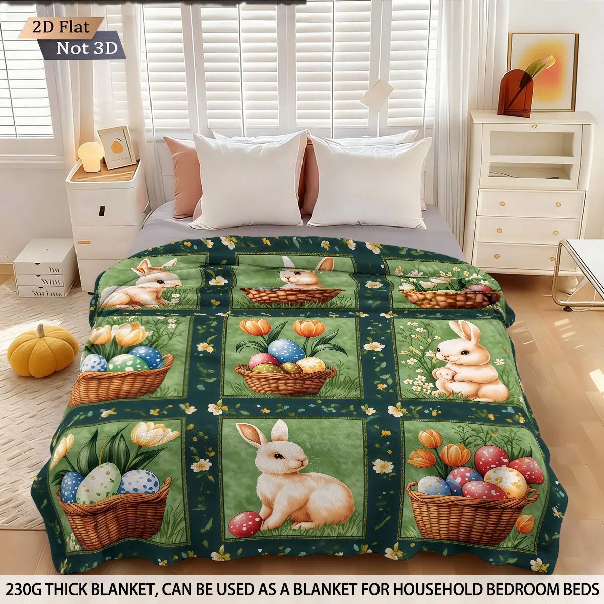 1pc Easter Cute Rabbit Easter Egg Print 230 Flannel Blanket Casual Comfortable Cover Carpet Multiple Sizes Machine Washable