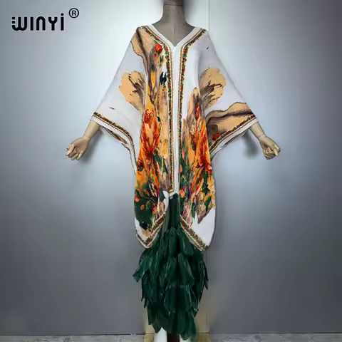 WINYI Pleated Elastic loose dress beach cover up abaya dubai luxury party dress Caftan evening dress abaya muslim woman kaftan