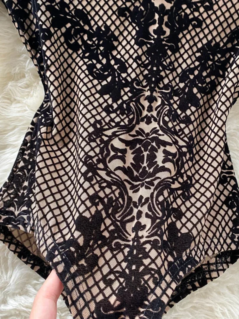 Autumn New Floral Print Bodysuit for Women Fashion Streetwear Elegant Stand Collar Long Sleeve Tight Fit Mesh Body Top Chic 2025