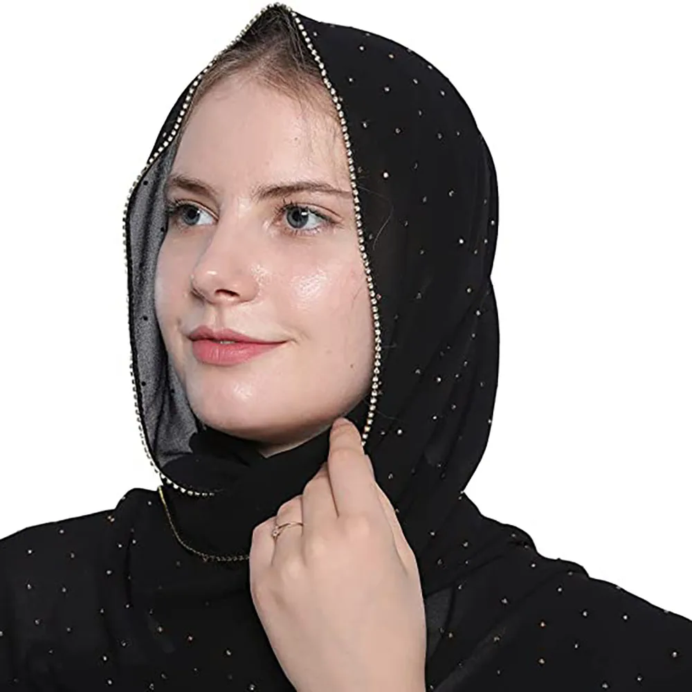 Chiffon Hijabs For Woman Rhinestone Fashion Muslim Shawl and Wrap Plain Stretchy Zipper Turban Muslim Ladies Ramadan Headscarf