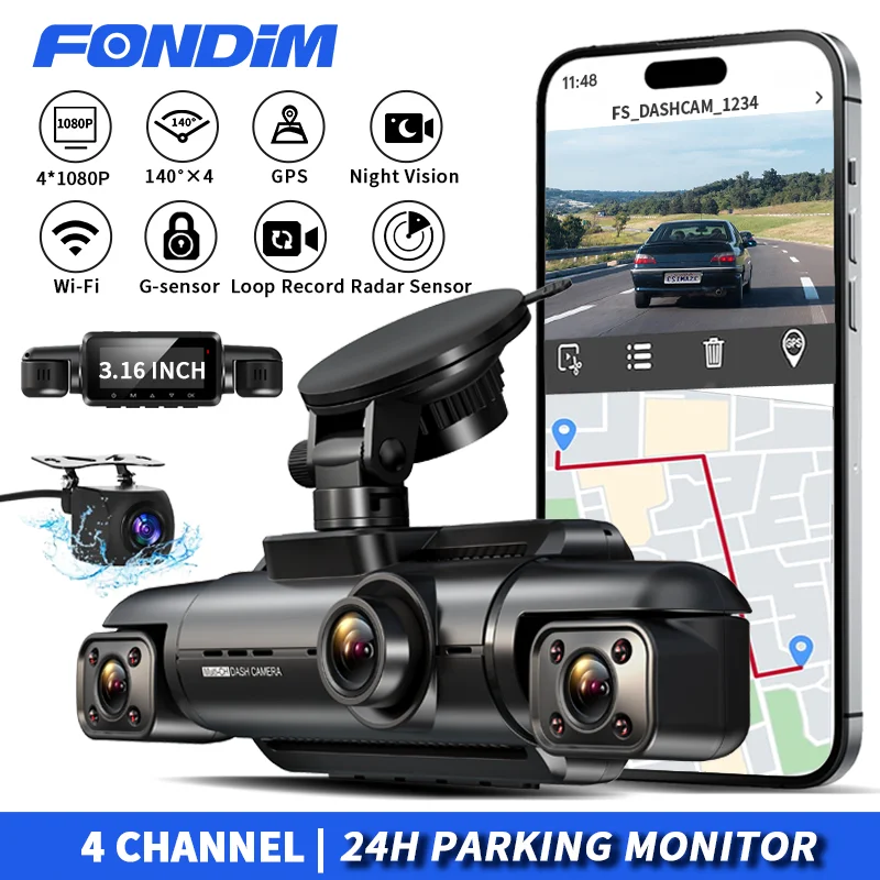 FONDIM 4CH 360° Dash Cam A99s FHD 4*1080P for GPS Car DVR Auto Video Recorder with Night Vision WiFi Support 24H Park/256GBmax