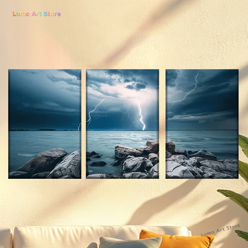 3pcs/set, Canvas painting--Unframed, Thunder and lightning reef, Posters and prints, living room, office, library, bar, cafe,