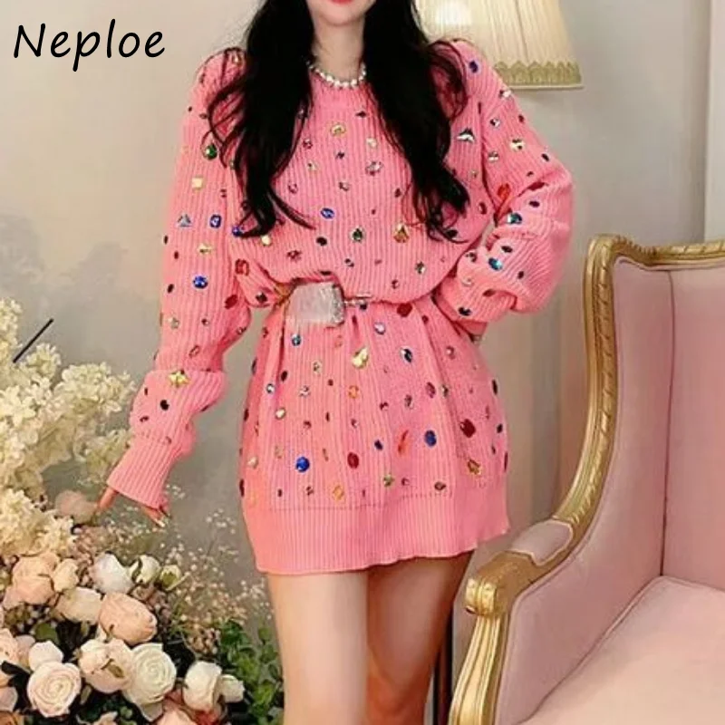 Neploe Autumn O Neck Solid Color Long Sleeve Pull Femme Vintage Knitted Pullover Sweater Y2k Diamonds Loose Casual Jumpers