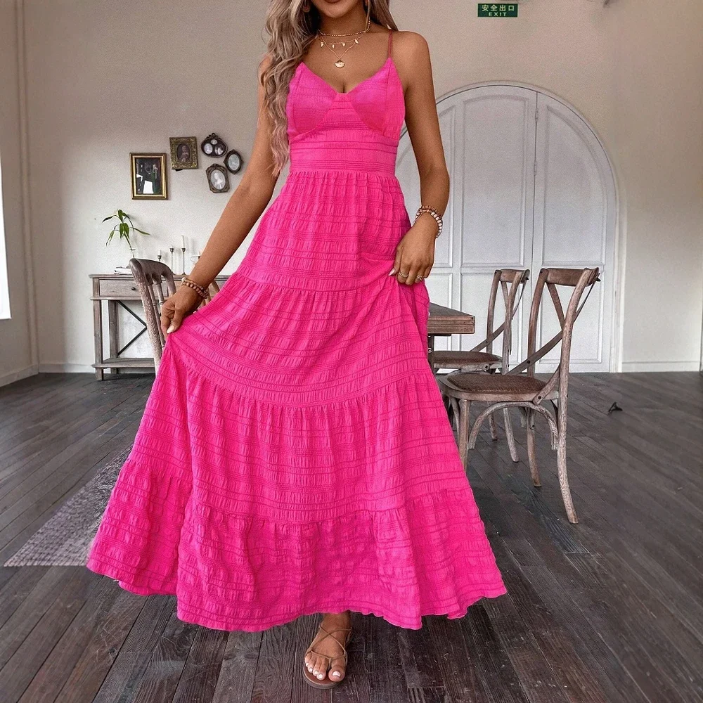 فساتين نسائية صيفية كاجوال يومية بلون سادة مكشكشة بدون أكمام ورقبة على شكل حرف V فساتين ماكسي كامي للإجازات #3