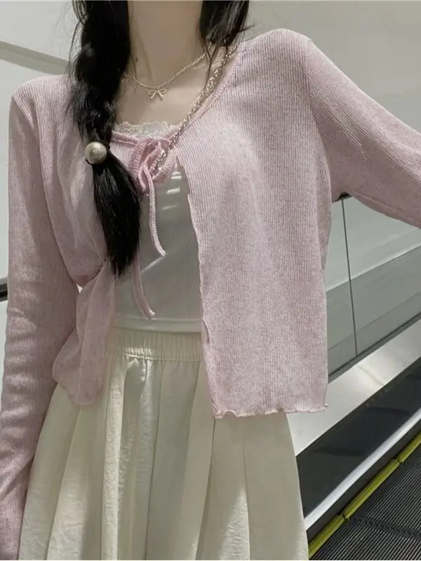 

Slim Fit Long Sve Knitted Top Belted Lightweight Summer Faionable Sun Protection Cardigan Women's Ins Sle Commute Wear