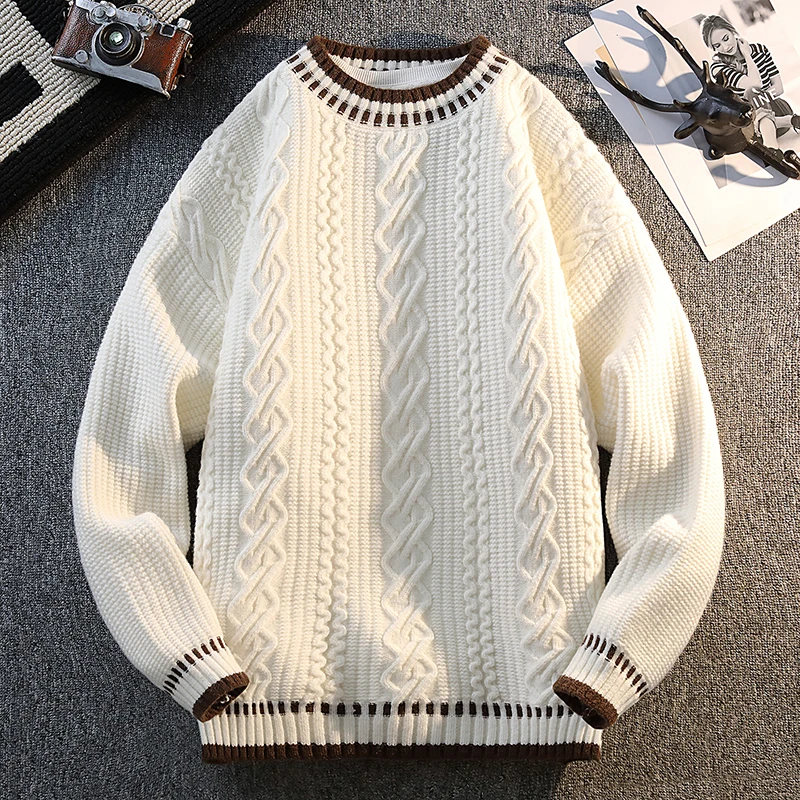 Cable Knit Crewneck Sweater – Contrast Trim Pullover for Men