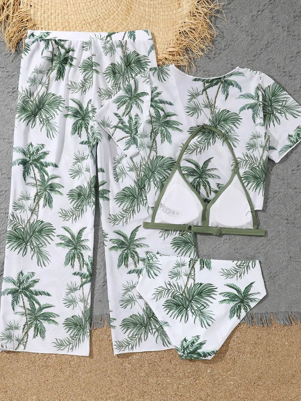 Girls 4pack Palm Tree Print Bikini Sets with Pants+Short Sleeve Crop Top Kids Swimsuit 7-12 Years Children Swimwear Bathing Suit