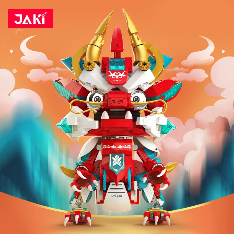 JK5138 Guochao series Dragon Year Zodiac Red Flame Mecha Dragon puzzle model kit assembling children's building blocks toys