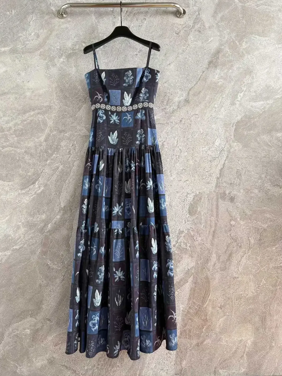100% Linen Women Holiday Blue Maxi Dress 2025 New Floral Print Strapless Sleeveless Elegant Female Robe