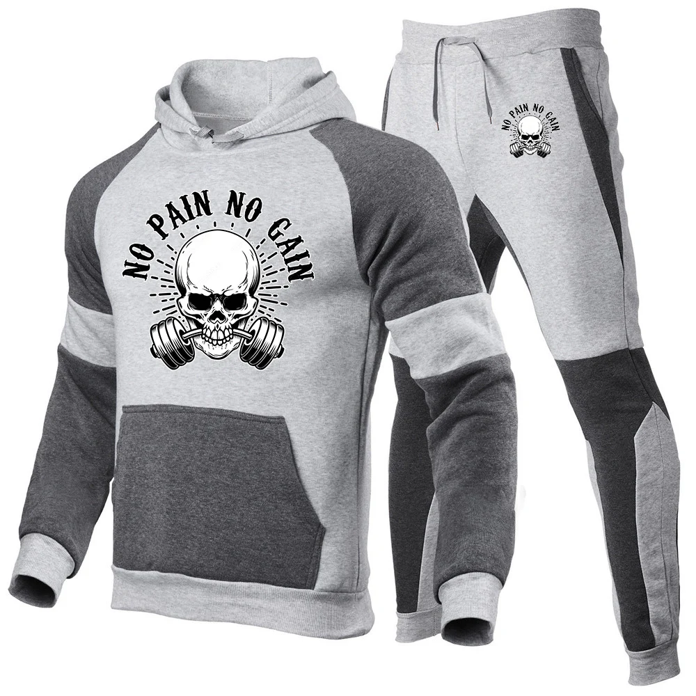Fierce Gym Print 2025 Men's New Patchwork Set Spring And Autumn Warm Casual Pullover Hoodie+Sports Pants Harajuku Suit