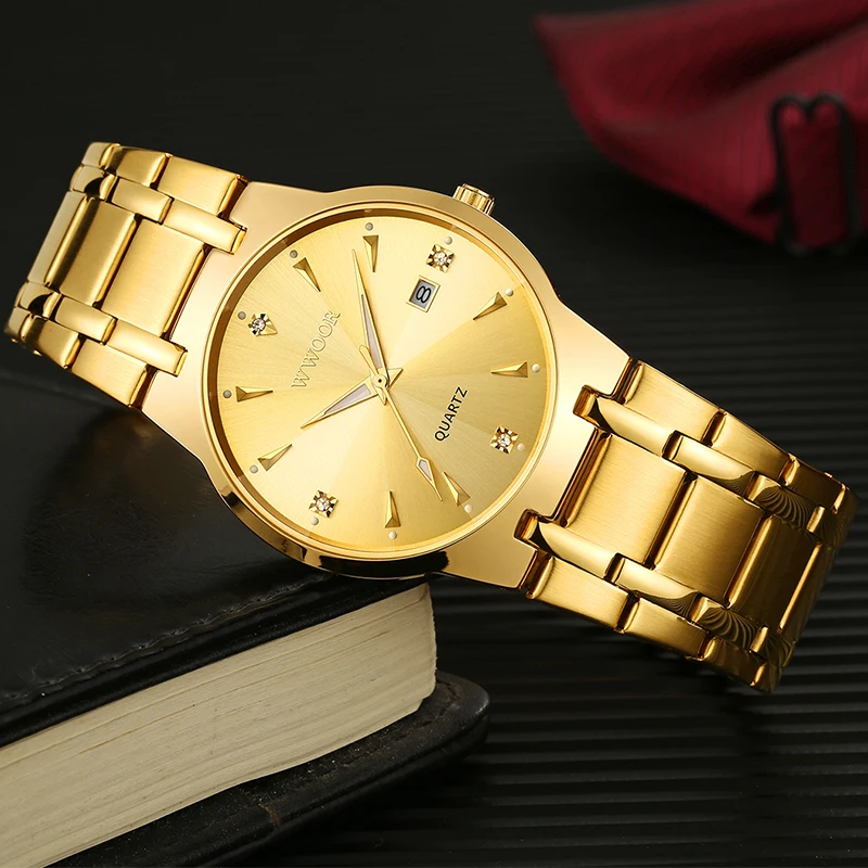 WWOOR Watch for Men Gold Stainless Steel Waterproof Date Quartz Clock Male Luxury Fashion Leisure Workplace Work Men\'s Watches