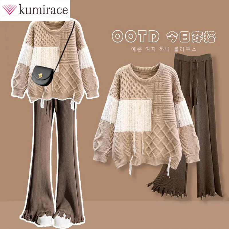 

Large Autumn Set Women's 2023 New Korean Fashion Sweater Knitted Wide Leg Pants Two Piece Set Winter Clothes Women Pant Sets