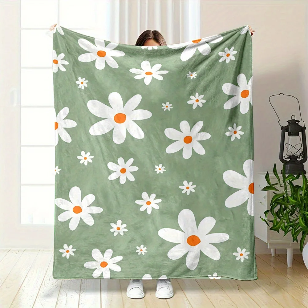 [Flannel Throw Blanket] Daisy Print Flannel Throw Blanket - 100% Polyester Non-Woven Fabric, Reversible Digital Printed All-Seas