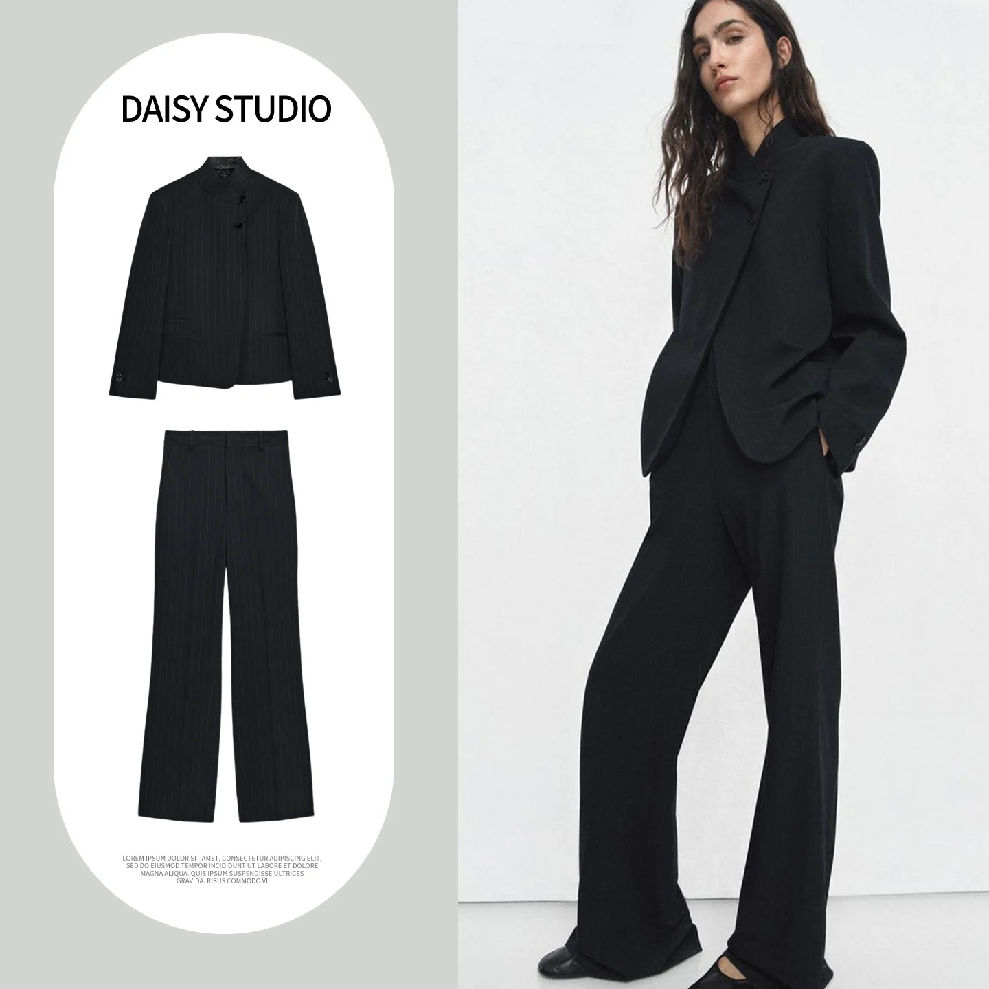 

Женский весенний модный комплект: пиджак с длинным рукавом, высоким воротником, в полоску, на молнии, и свободные брюки с высокой талией