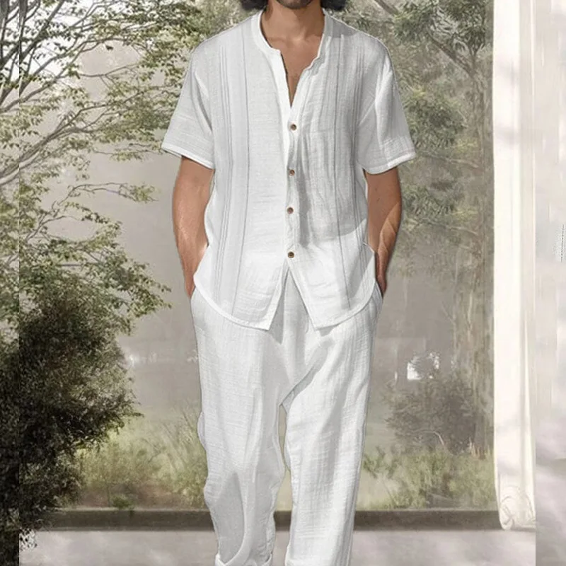 2024 Short Sleeved Shirt Casual Pants Two-piece Set for Men New Slim Fit Trend Solid Color Men's Fashion Set
