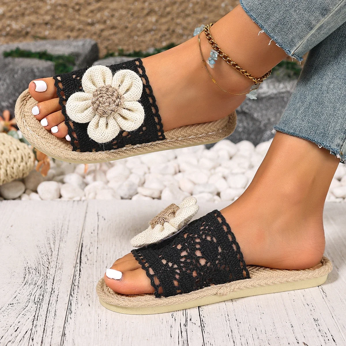 Women Crochet Flower Lace Slide Sandals Breathable Woven Straw Sole Flat Non Slip Indoor Outdoor Summer Beach Casual Slippers