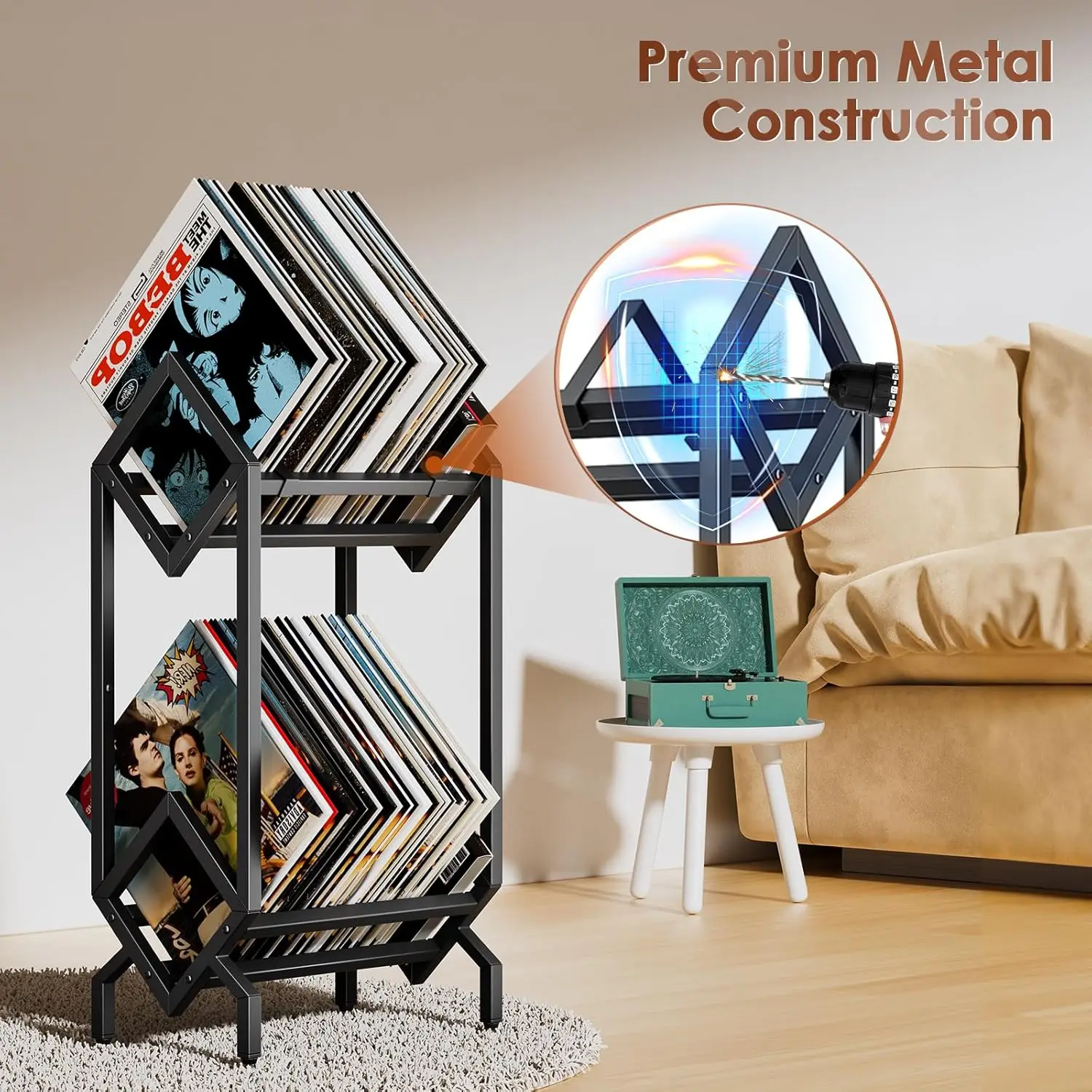 Matte Black Vinyl Record Storage Rack for 160-200 LPs, Albums, Books, and Magazines